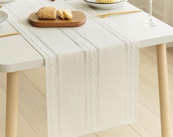 Beige Cotton Linen Table Runner | Rustic Embroidered Hollow Design