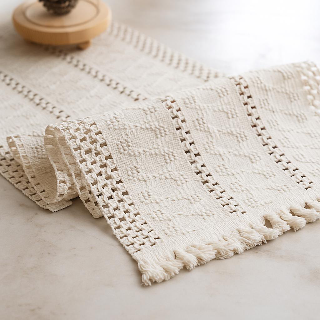 Camino De Mesa De Macramé, Camino De Mesa Rústico Beige Crema Con