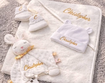 Conjunto de presente personalizado para bebê, manta e paninho de aconchego com nome bordado, presente para chá de bebê, conjunto de manta personalizada para bebê, presente com nome do bebê
