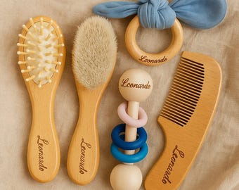 Personalisierte Baby-Haarbürste & Kamm-Set, Neugeborenengeschenk aus Holz mit Namen, Babypartygeschenk, individuelle Babybürste