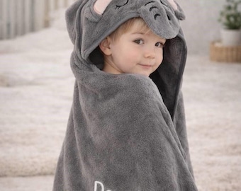 Personalized Safari Elephant Baby Hooded Towel, Custom Name Infant Bath Gift