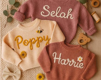 Personalized Baby Sweater, Hand-Embroidered Name Monogram