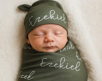Nyfödd babyswaddle-set personligt, babykläder med knuten mössa, filt med namn
