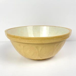 May include: A light yellow ceramic mixing bowl with a textured exterior and a smooth, off-white interior. The bowl has a rounded shape with a slightly flared rim, suitable for kitchen use.