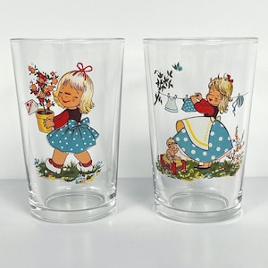 Vintage 1970s Juice Glasses, Girl Design, Set of 2