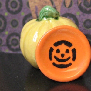 Pumpkin dollhouse miniature plate 20mm Halloween accent dish orange & black ceramic 1:12 scale or half scale image 1