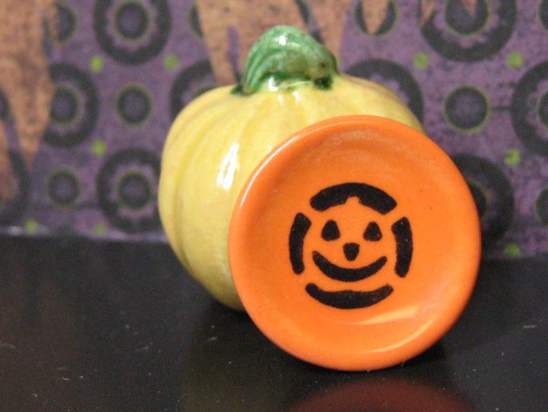 Pumpkin dollhouse miniature plate 20mm Halloween accent dish orange & black ceramic 1:12 scale or half scale image 1