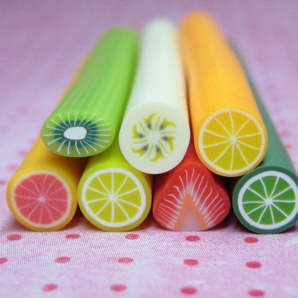 Polymer clay canes fruit 7pcs for miniature foods decoden and nail art supplies lemon lime orange pink grapefruit banana kiwi strawberry