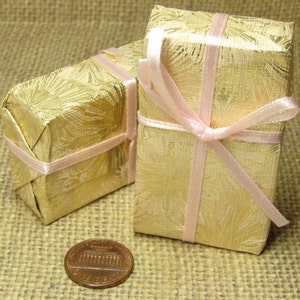 Miniature presents wrapped gift box dollhouse packages Christmas Birthday Anniversary large gold pink ribbon mini craft embellishment image 2