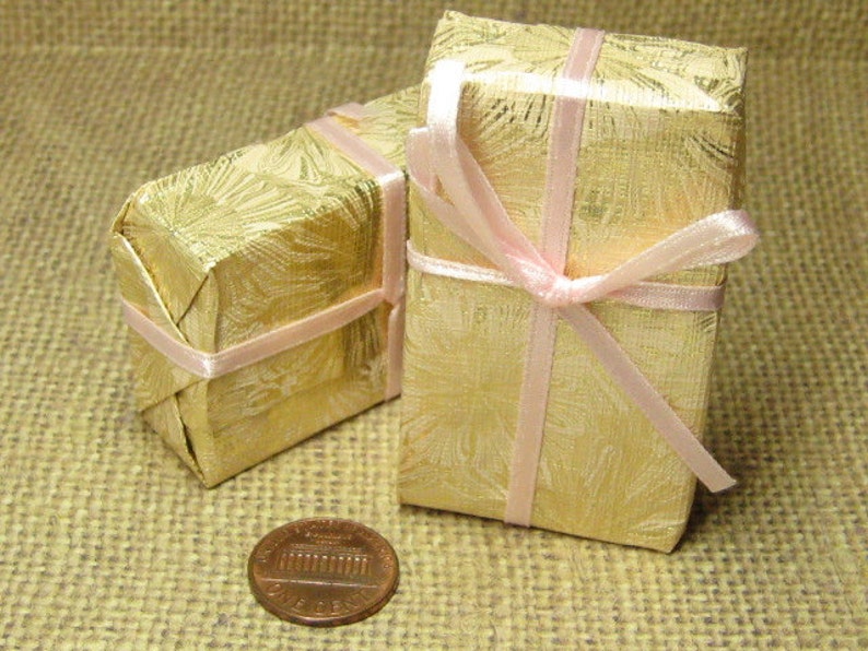 Miniature presents wrapped gift box dollhouse packages Christmas Birthday Anniversary large gold pink ribbon mini craft embellishment image 2