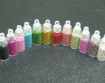 Set of glass microbeads, vial pendants, 12 assorted colors, nail art caviar beads, fairy sprinkles, micro marbles, resin filler, metallic