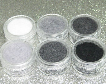 Flocking powder set shades of Gray Black White, neutrals velvet nail art 6 jars, embellishment, resin filler, DIY fuzzy rayon fibers kit