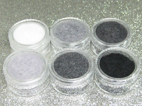 Flocking Powder Set Shades of Gray Black White, Neutrals Velvet Nail Art 6  Jars, Embellishment, Resin Filler, DIY Fuzzy Rayon Fibers Kit 