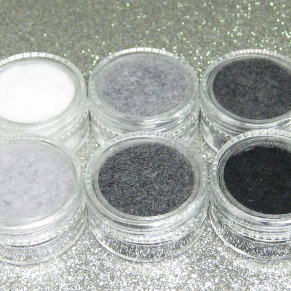 Flocking powder set shades of Gray Black White, neutrals velvet nail art 6 jars, embellishment, resin filler, DIY fuzzy rayon fibers kit