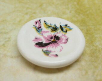 17mm dollhouse miniature plate, pink floral decorative accent dish, lady slipper orchid, kiln fired with china paints 1:12 scale
