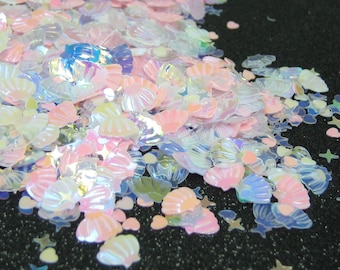 Pink Beach iridescent glitter, sea shell confetti, Mermaid table scatter, ocean shaker add ins, resin filler elements, hearts stars