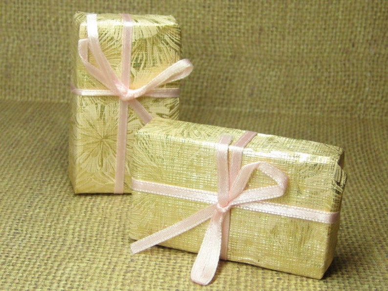 Miniature presents wrapped gift box dollhouse packages Christmas Birthday Anniversary large gold pink ribbon mini craft embellishment image 1