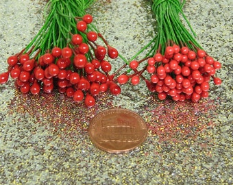 Red berry pips on wire size 1 & 2 double sided berries, 12 to 72 stems for miniature garland and holiday decoration flower centers