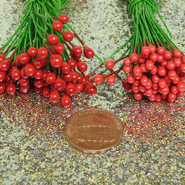 Red berry pips on wire size 1 & 2 double sided berries, 12 to 72 stems for miniature garland and holiday decoration flower centers