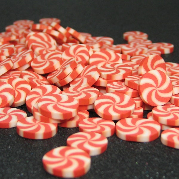 Miniature peppermint candy discs 9mm - 11mm Christmas cabochons polymer clay holiday decoden pieces red and white swirl mints kawaii sweets