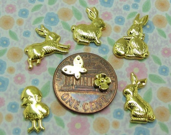 Mini Easter cabochons, 16 Spring uv resin add ins,  Gold tone charm decorations, assorted rabbit embellishments with butterflies and flowers