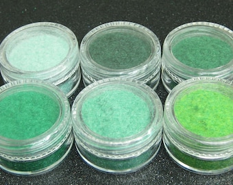 Green flocking set 6 jar shades, Velvet nail powder, scrapbooking embellishment, resin mold filler, DIY fuzzy art rayon fibers kit