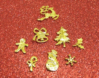 Christmas cabochon set, floating locket charms, Holiday decorations, assorted gold tone metal winter theme add ins, miniature resin fillers