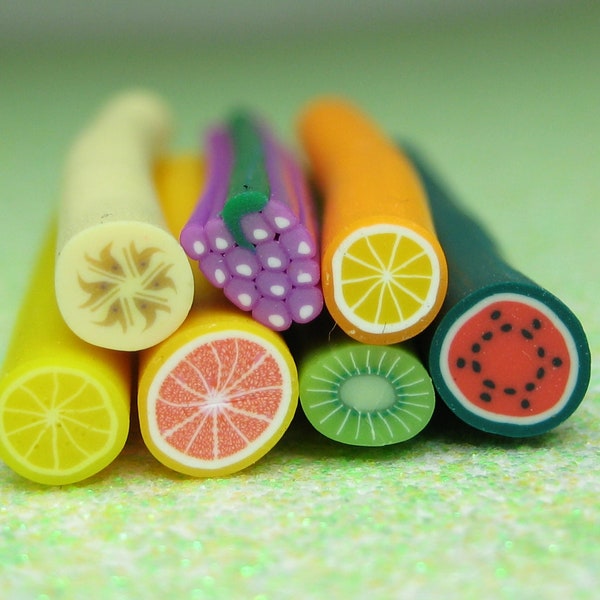 discounted seconds polymer clay fruit canes 7pcs off shaped lemon orange pink grapefruit banana kiwi grapes watermelon