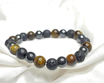 Pulseira de Pedras Preciosas com Tripla Proteção: Olho de Tigre, Obsidiana Negra, Hematita