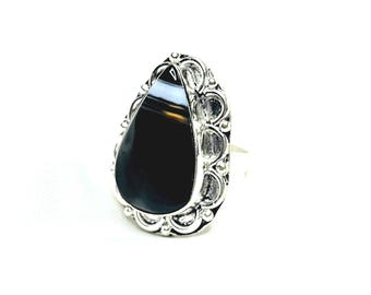 Natural Black Hakik Oval 925 Sterlin Silver Ring Handmade Hakik Gemstone
