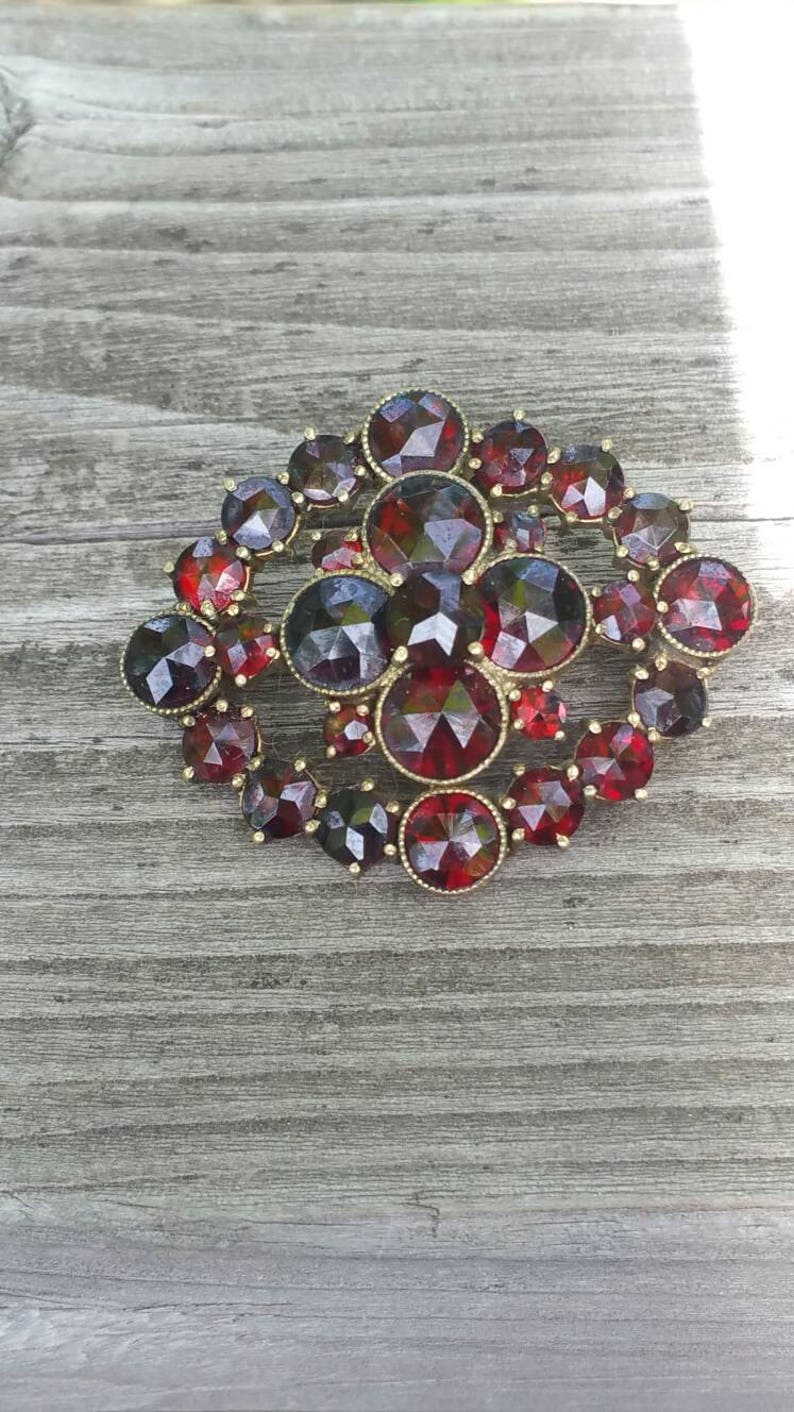 Antique Bohemian Garnet Brooch Gilt Gold Over Sterling