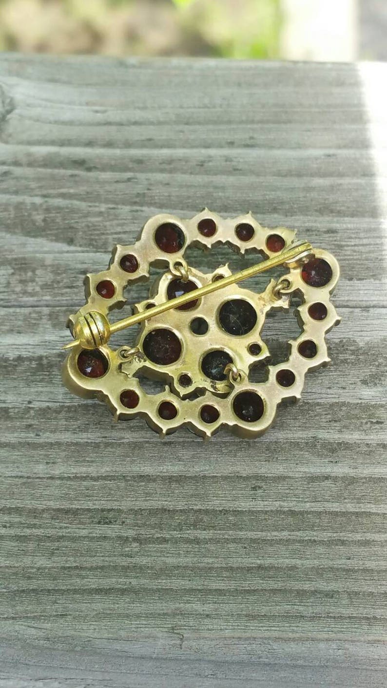 Antique Bohemian Garnet Brooch Gilt Gold Over Sterling