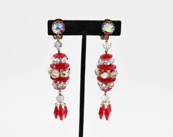 Vintage Red AB Crystal Rhinestone Statement Dangle Earrings