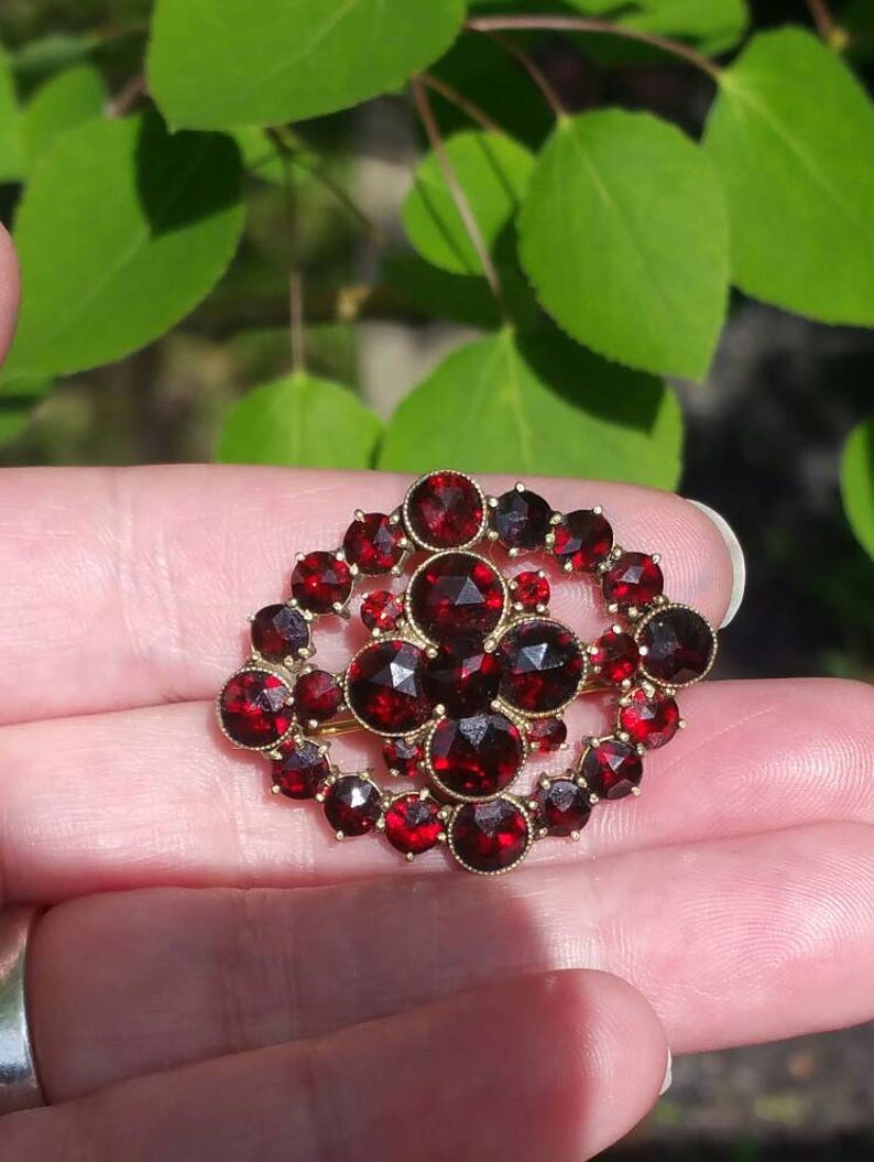Antique Bohemian Garnet Brooch Gilt Gold Over Sterling