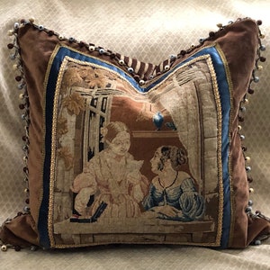 Victorian Antique Needlepoint Tapestry Pillow Two Women at Window 24&quot; x 24&quot;