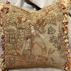 Gorgeous Antique 19th Century French Needlepoint Tapestry Pillow Courting Couple