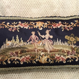 EX Long Antique Victorian Needlepoint Tapestry Pillow of Couple 18&quot; x 34&quot;