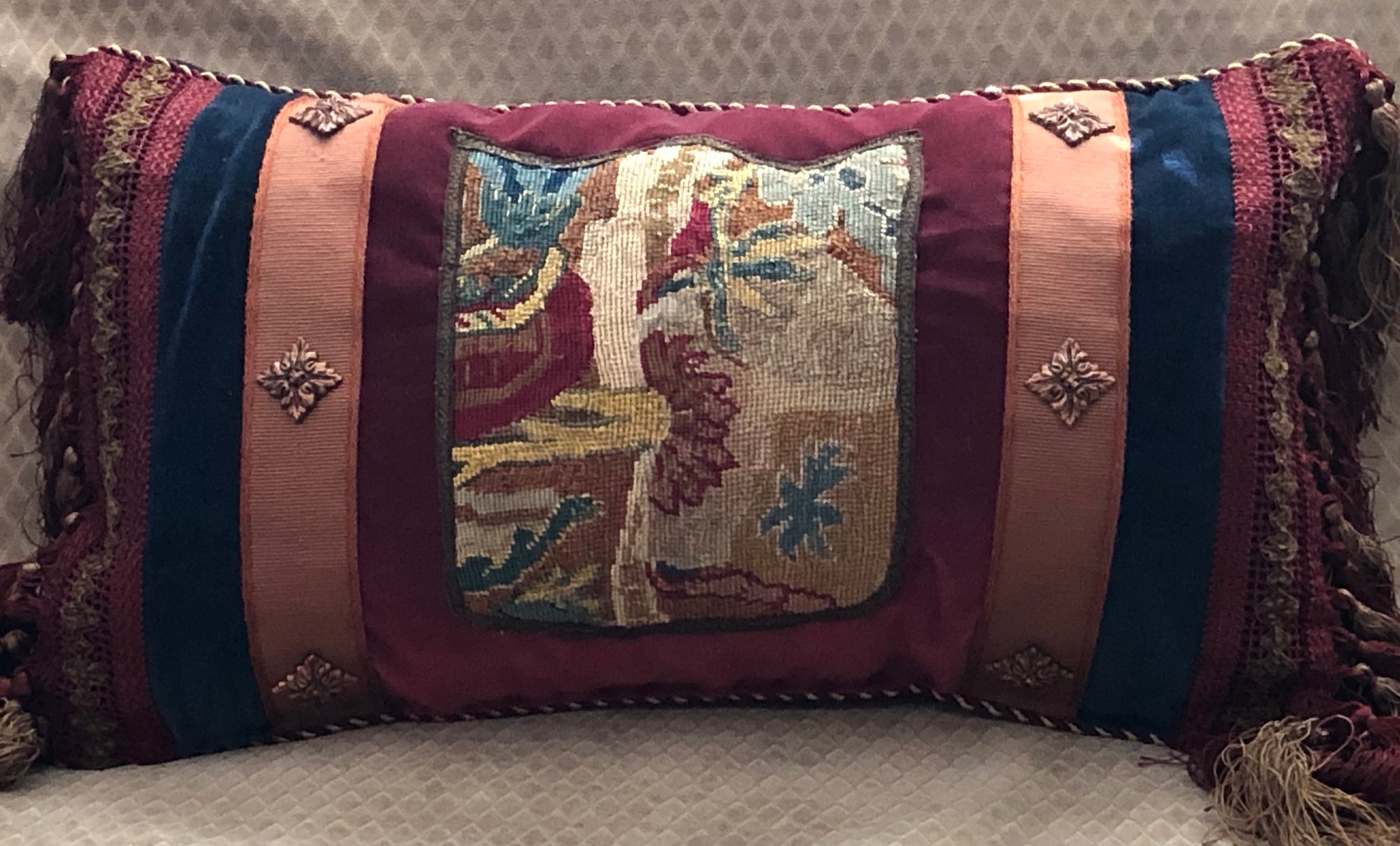 Antique French Needlepoint Lumbar Pillow Abstract Design Shield 15 X 25