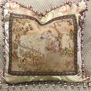 Antique 19th Century English Needlepoint Tapestry Pillow -Woman in Garden