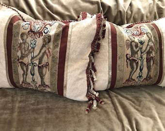 Pair of Antique 18th Century Aubusson Tapestry Pillows - Figural