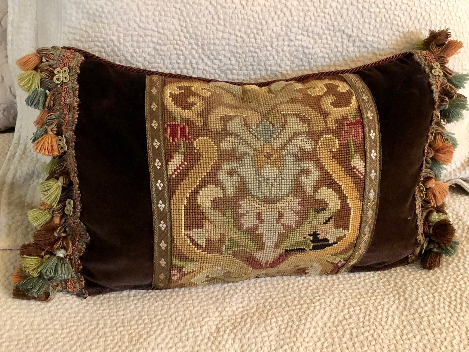Elegant Antique Needlepoint Handstitched Lumbar Pillow 10 x 17 Etsy