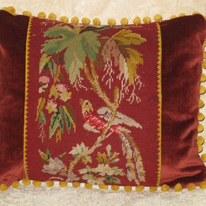 Charming Antique Hand Stitched Needlepoint Bird Lumbar Pillow Sampler Woolwork