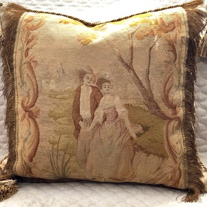 Antique 19th C French Needlepoint Tapestry Pillow Couple Courting Sampler, petitpoint, woolwork