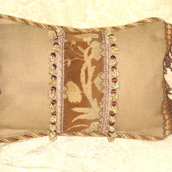 Antique 19th Century Needlepoint fragment Small Lumbar Pillow in Neutral Colors