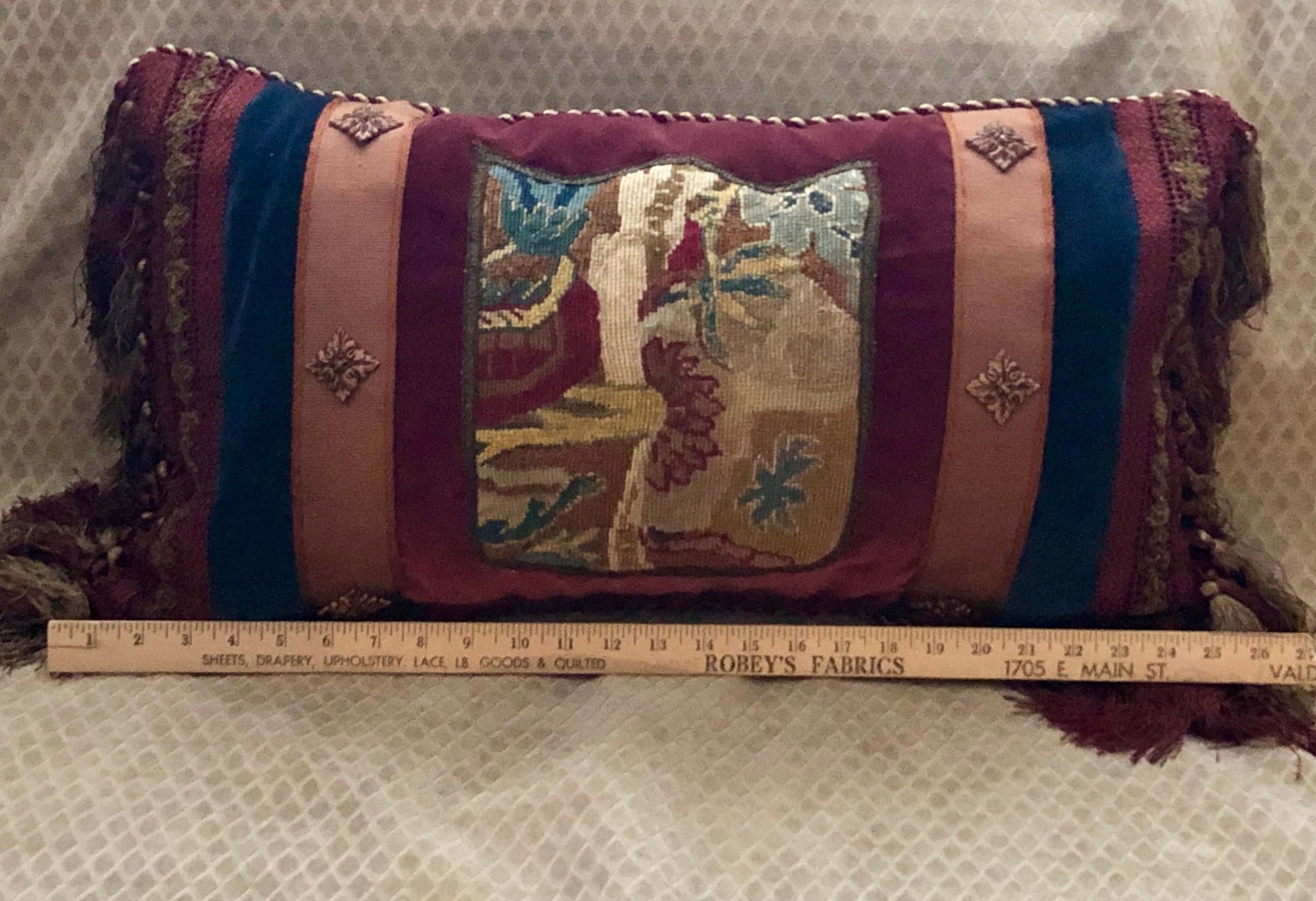 Antique French Needlepoint Lumbar Pillow Abstract Design Shield 15 X 25