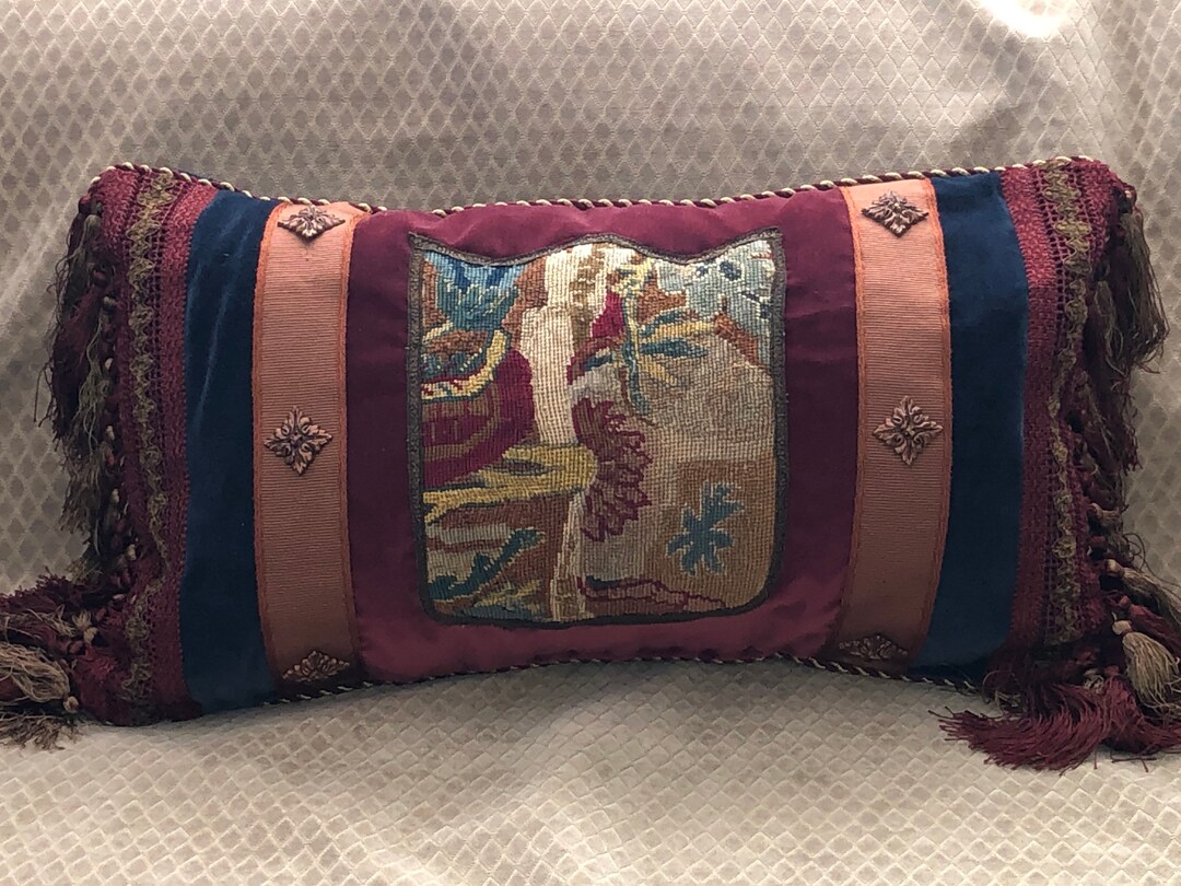 Antique French Needlepoint Lumbar Pillow Abstract Design Shield 15 X 25