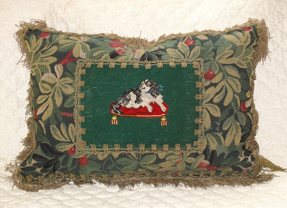 Antique Needlepoint Tapestry Pillow of King charles pillow | Etsy