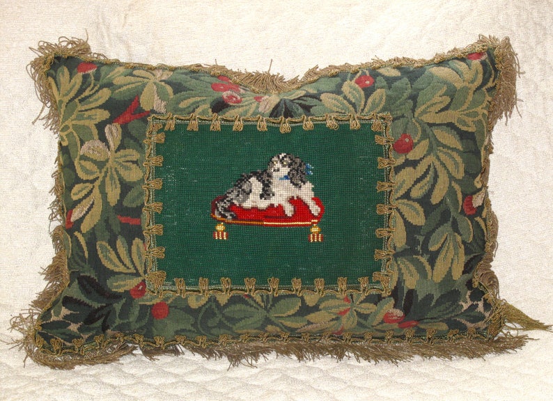 Antique Needlepoint Tapestry Pillow of Cavalioer King Charles Spaniel