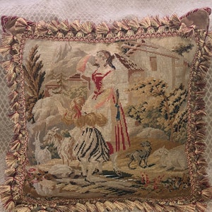 Large Victorian Needlepoint Pillow with Woman, Child, Goats and Dog