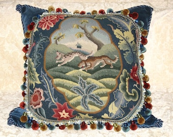 Huge Antique Needlepoint Woolwork Tapestry Pillow of Dogs